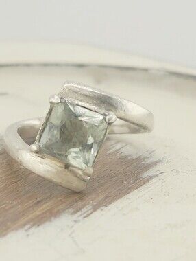 PRASIOLITE GEMSTONE RING HANDMADE IN STERLING SILVEL RECYCLE METAL SIZE 7